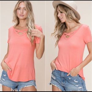 Basic Criss-Cross V-Neck Short Sleeve Top